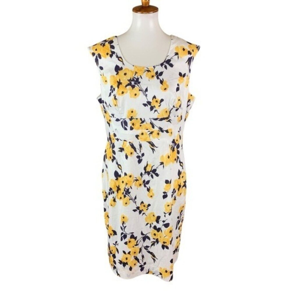 J. Peterman White Dress with Yellow and Navy Floral Print